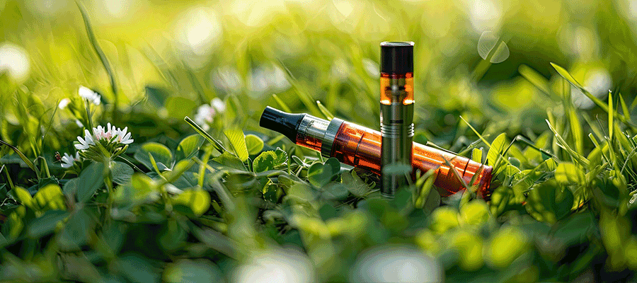 Discarded vapes in a grassy field of green clover showing inappropriate waste that needs to be recycled.