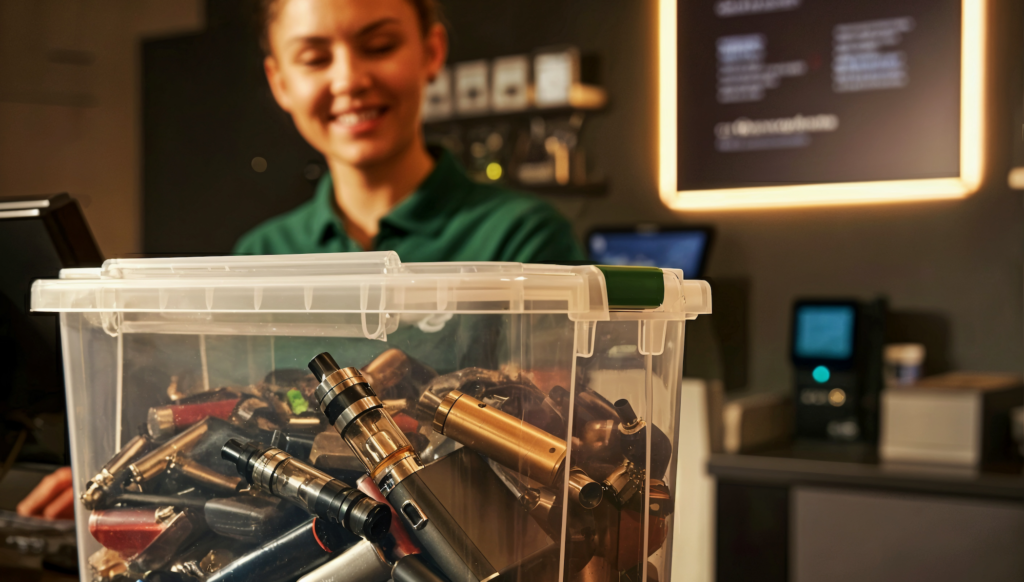 Vape device collection at retail stores and dispensaries